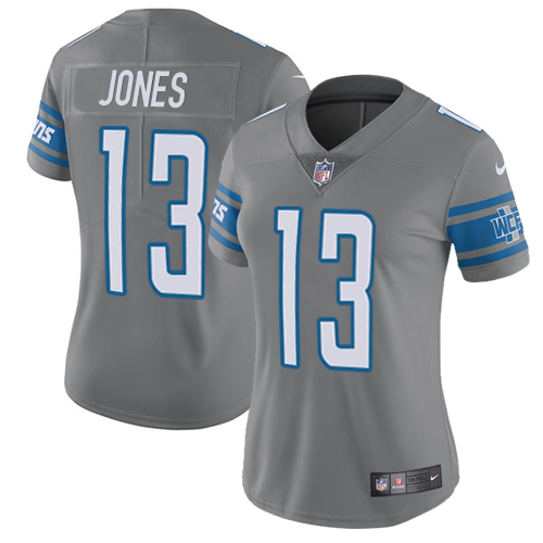 Nike Lions #13 T.J. Jones Gray Women's Stitched NFL Limited Rush Jersey